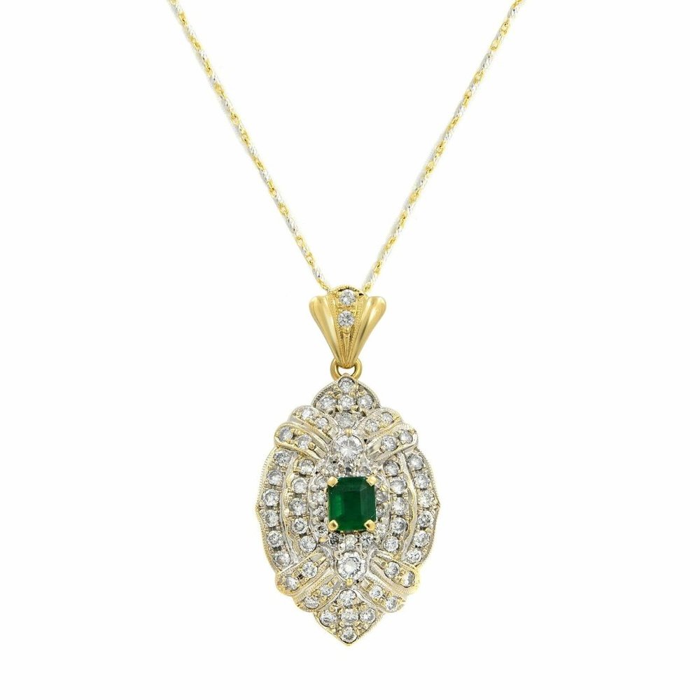 Rachel Koen Diamond Emerald Pendant Necklace 14K and 18K Gold